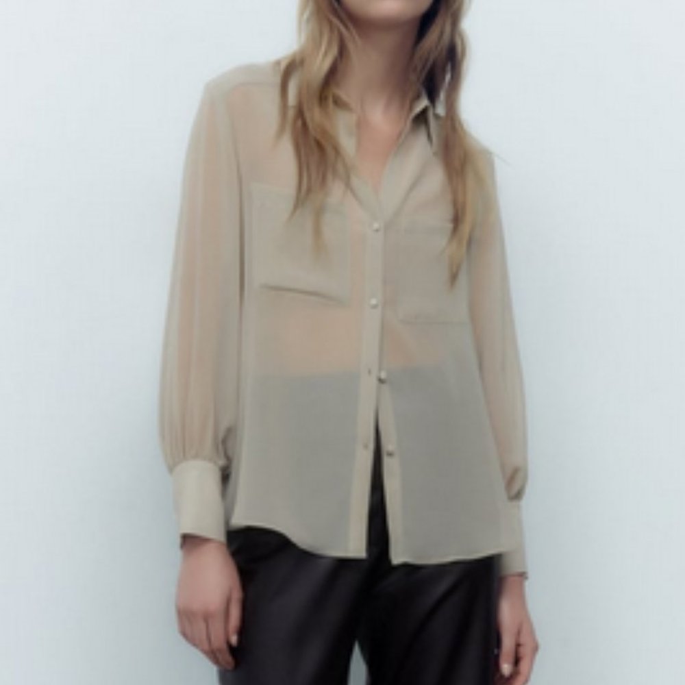 NWT Zara Semi-Sheer Shirt, Dark Beige, Small